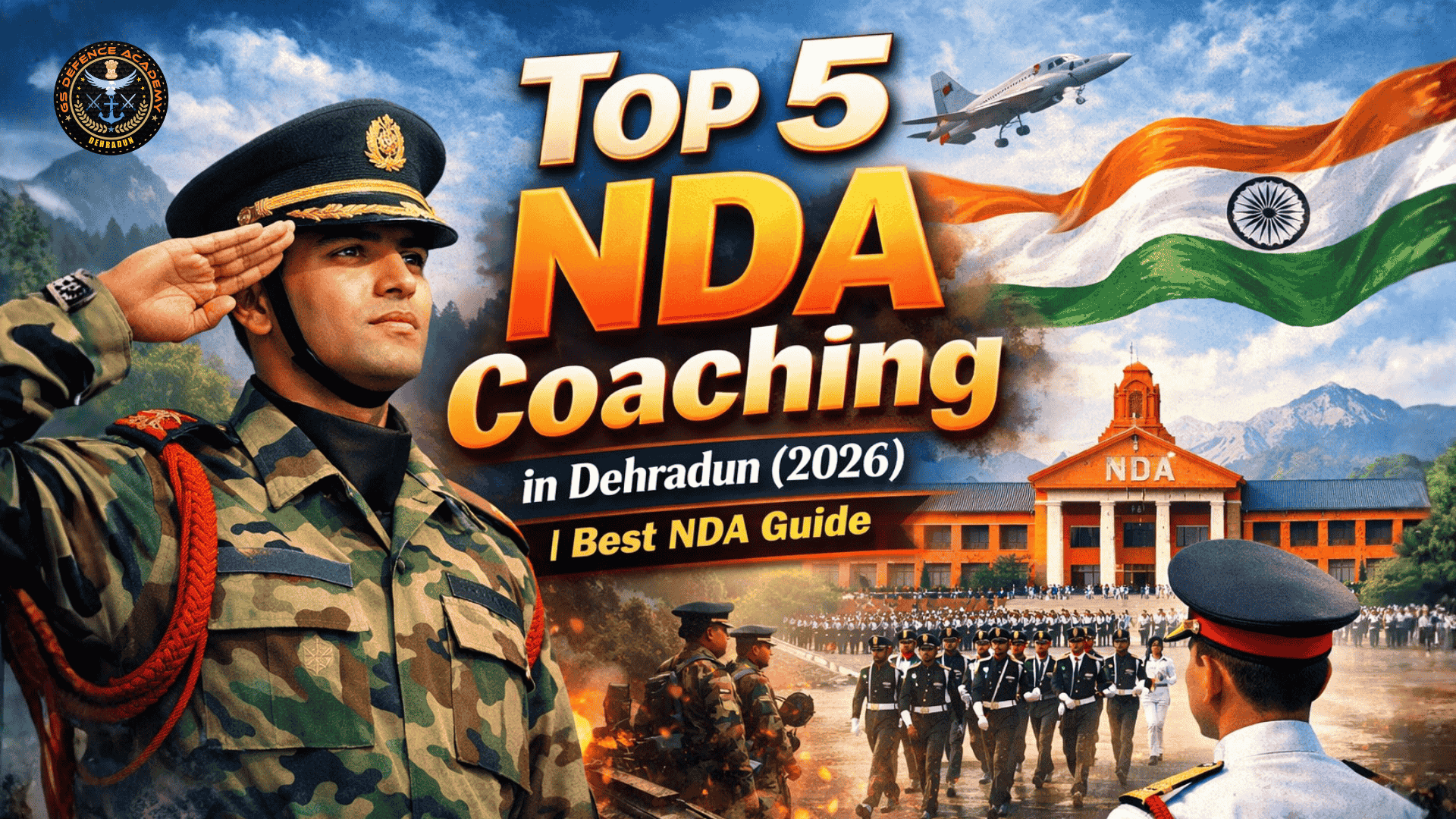 Top 5 NDA Coaching in Dehradun 2026 featuring NDA cadet saluting, NDA academy building, Indian flag, jet aircraft, and parade to highlight best coaching institutes for NDA exam preparation